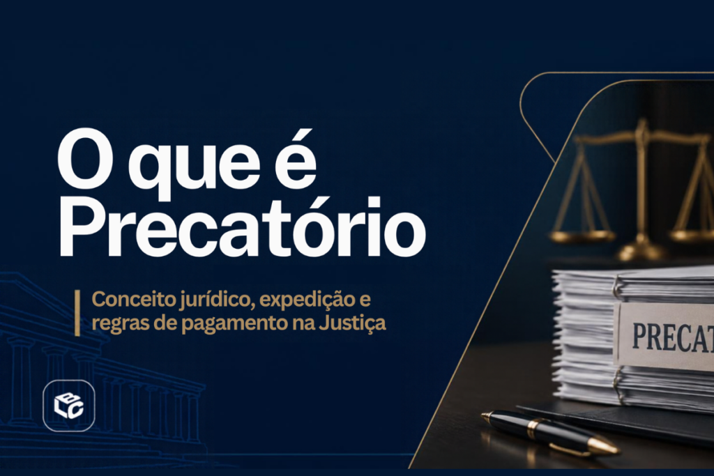 Banner informativo sobre precatórios com fundo em tons de azul escuro. À esquerda, destaca-se o título em letras brancas grandes: “O que é Precatório”. Logo abaixo, em dourado, aparece o subtítulo: “Conceito jurídico, expedição e regras de pagamento na Justiça”. No canto inferior esquerdo há um ícone branco dentro de um quadrado arredondado e a ilustração discreta de um edifício institucional. À direita, há uma fotografia de uma pilha de documentos sobre uma mesa escura, um livro com a palavra “PRECAT...” visível na lombada, uma caneta e uma balança da justiça desfocada ao fundo. O design utiliza elementos gráficos dourados e transmite uma estética jurídica e institucional.