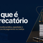 Banner informativo sobre precatórios com fundo em tons de azul escuro. À esquerda, destaca-se o título em letras brancas grandes: “O que é Precatório”. Logo abaixo, em dourado, aparece o subtítulo: “Conceito jurídico, expedição e regras de pagamento na Justiça”. No canto inferior esquerdo há um ícone branco dentro de um quadrado arredondado e a ilustração discreta de um edifício institucional. À direita, há uma fotografia de uma pilha de documentos sobre uma mesa escura, um livro com a palavra “PRECAT...” visível na lombada, uma caneta e uma balança da justiça desfocada ao fundo. O design utiliza elementos gráficos dourados e transmite uma estética jurídica e institucional.